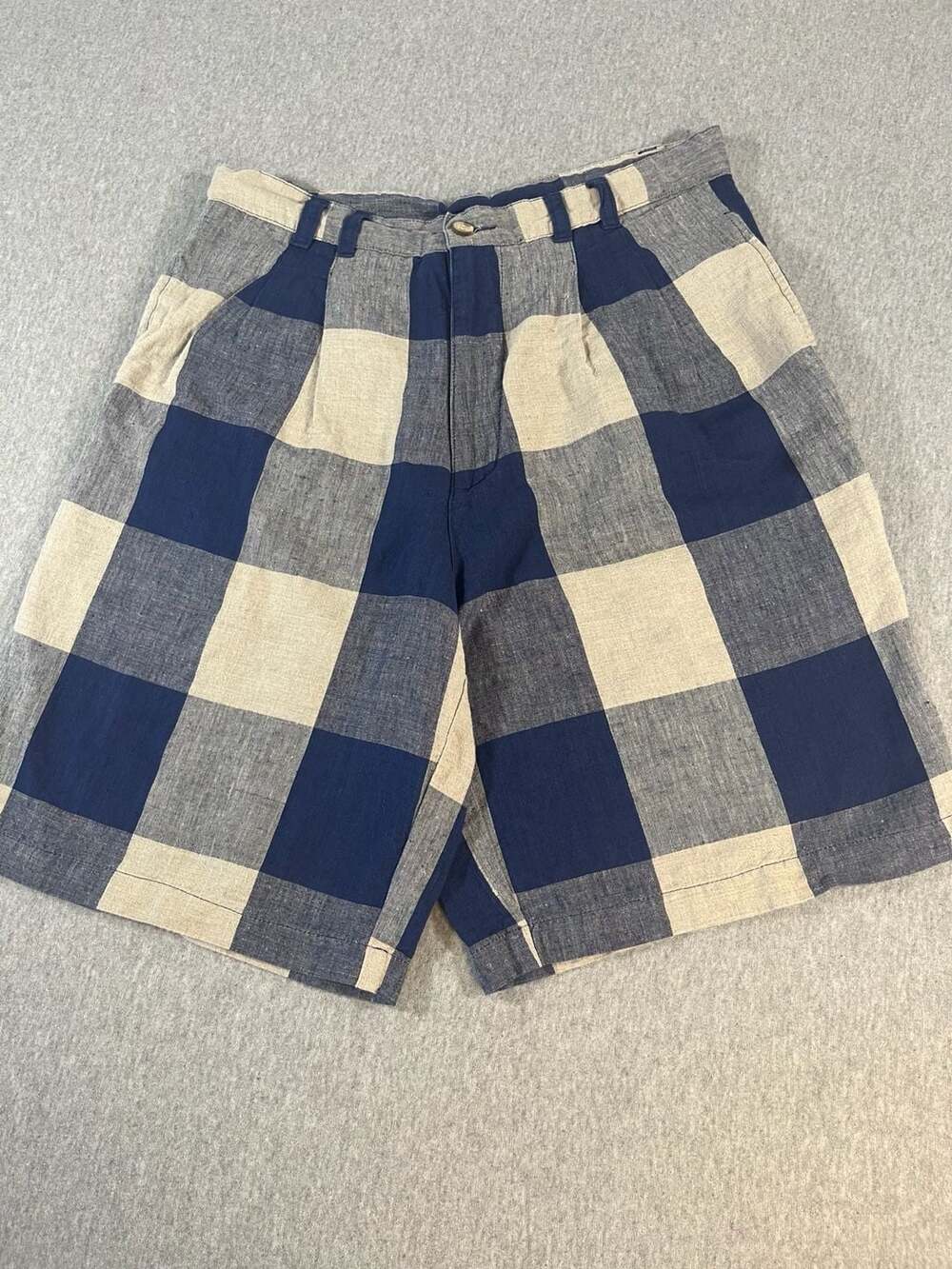 Geoffrey Beene Blue/Beige Gingham Pleated Linen/Cotton Shorts Size 32x9